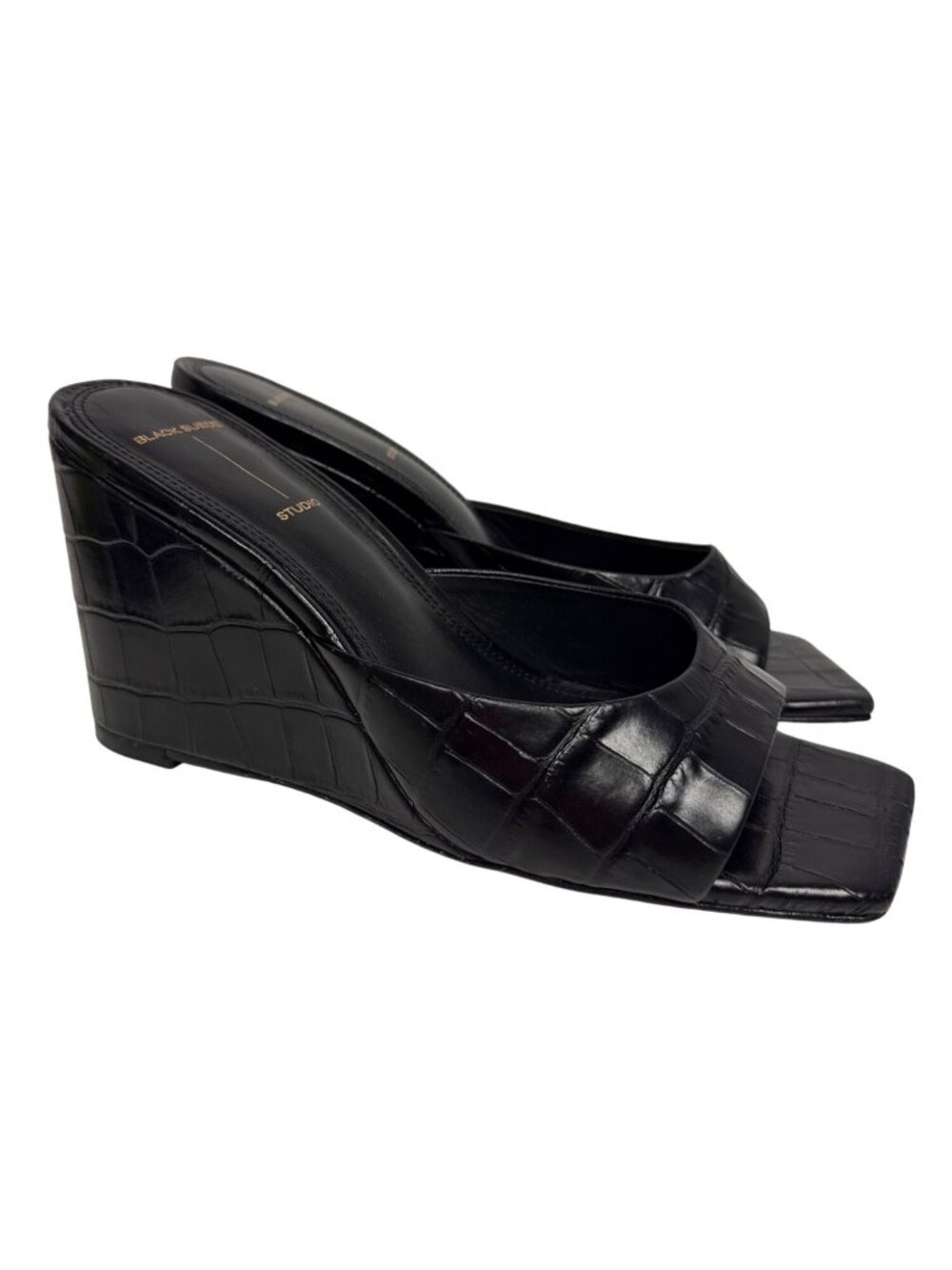 Black Suede Studio Paloma Black Croc Embossed Leather Wedge Mules EU 39 NWOB 8.5